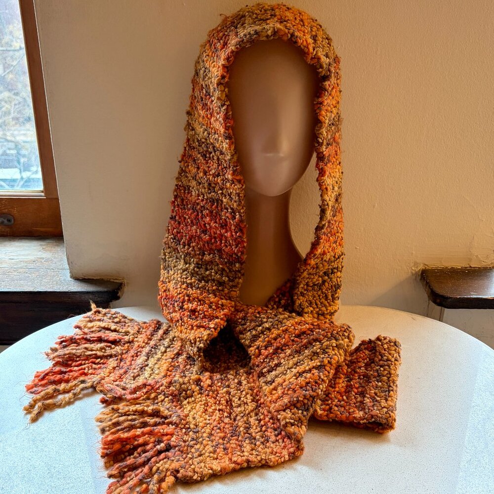 Brown Orange Scarf Earthy Warm Rich Tones Handmade Crochet Knit Fringes Boho